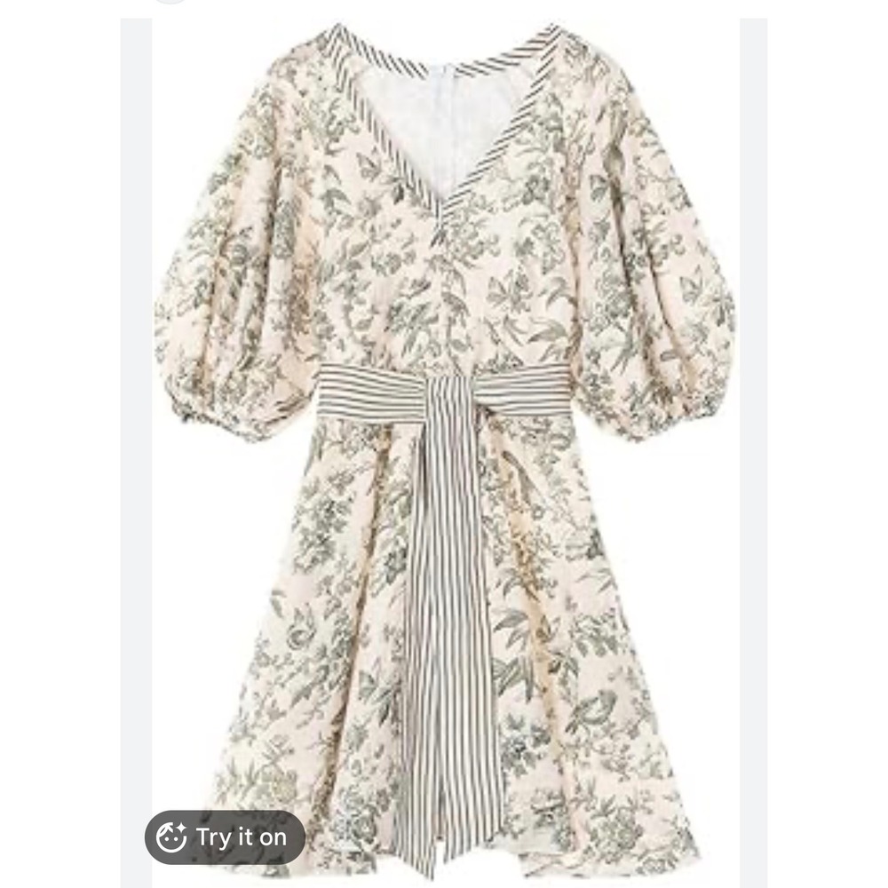 Roiii Linen Blend Bird Floral Midi Dress Cream Green Large Spring Wedding Guest